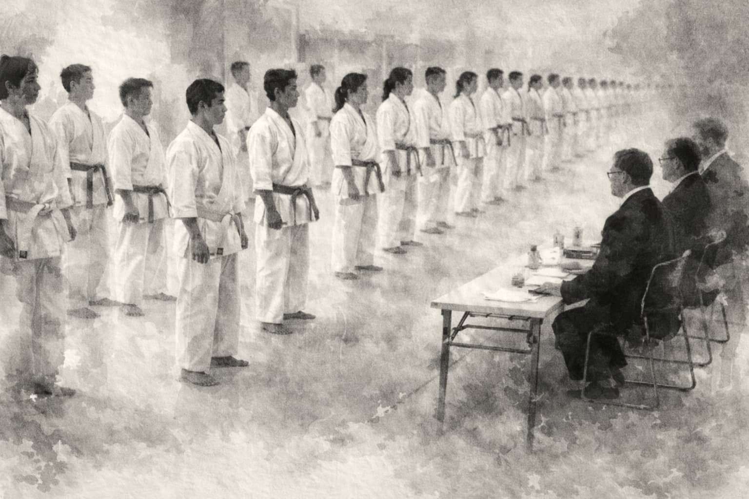 ISumi-e-bild av Kyokushin-graderingsceremoni där elever står i raka led inför domarpanel i dojo, svartvitt och fokuserad på disciplin och hållning.