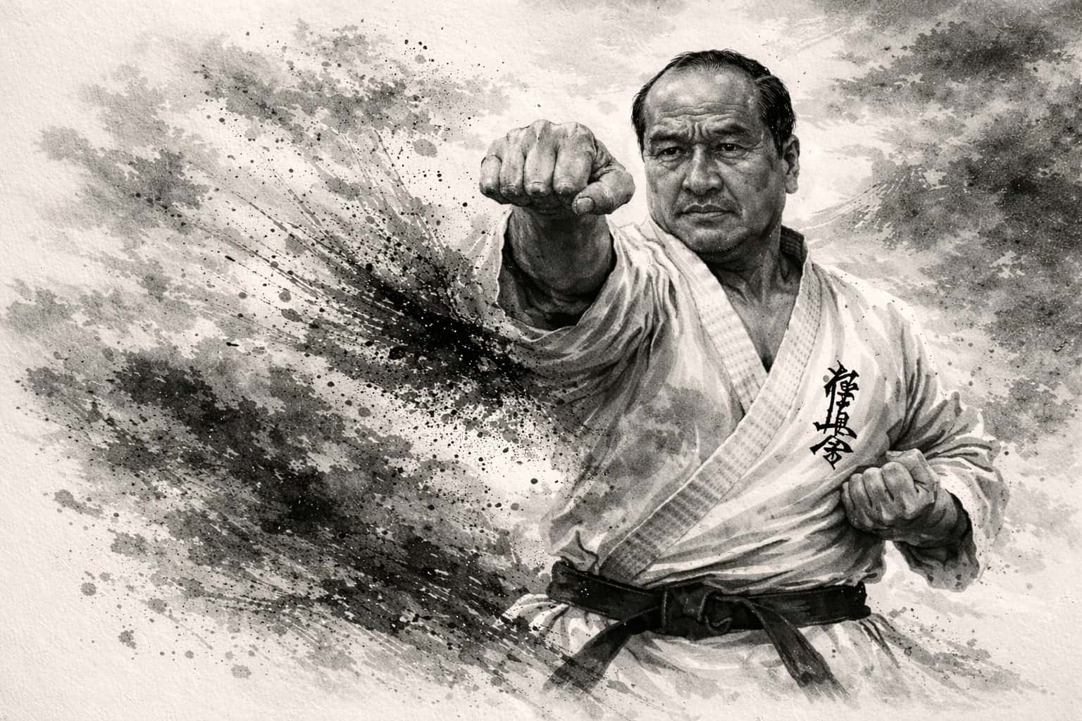 Svartvit sumi-e-inspirerad illustration av Masutatsu Oyama i karategi och svart bälte, avbildad i ett kraftfullt framåtgående slag (oi-tsuki). Ansiktet är fokuserat och allvarligt, med starka skuggor som framhäver uttrycket. Bakgrunden är abstrakt med dynamiska bläckstänk och dimlika penseldrag. Fuji-berget är borttaget och kompositionen är mörkare för att betona slagets kraft och principen om ichi geki hissatsu.